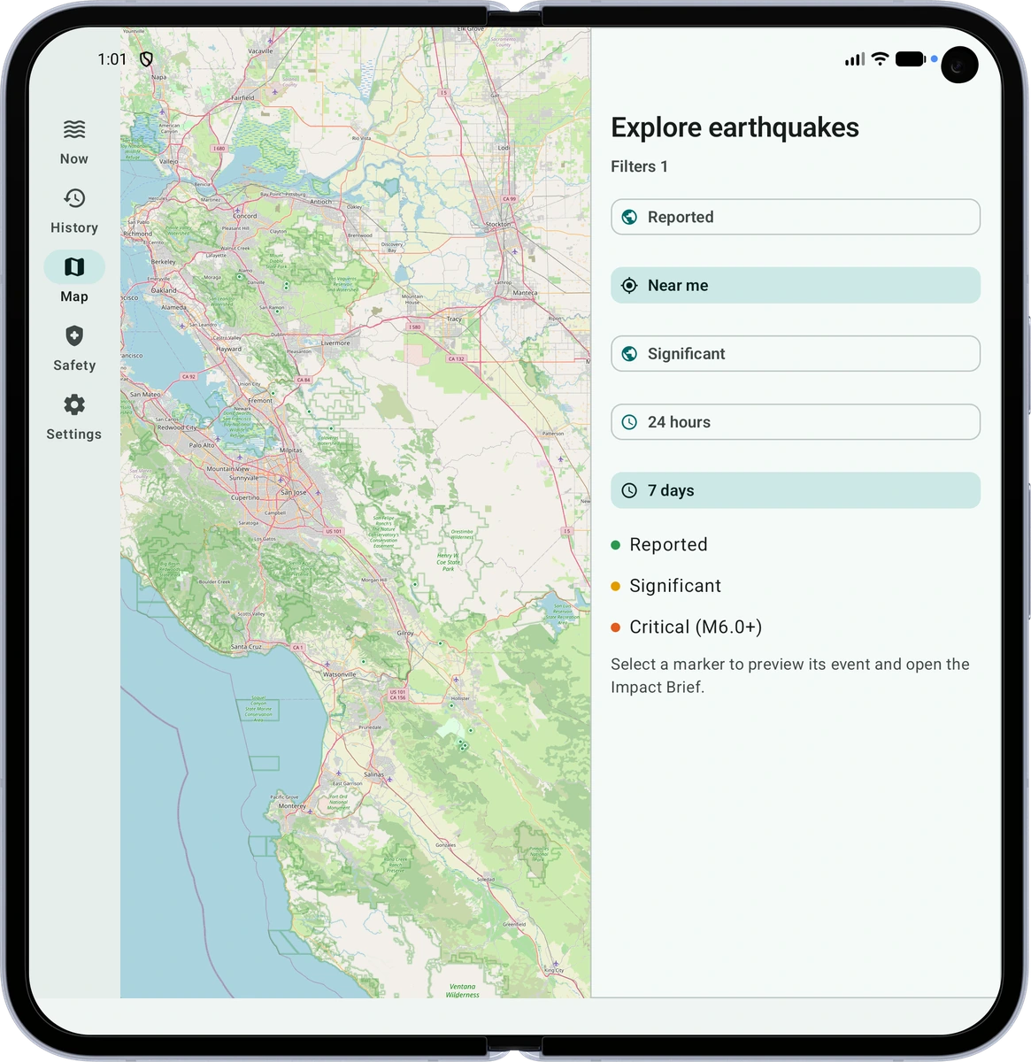 Tablet earthquake map with filter controls