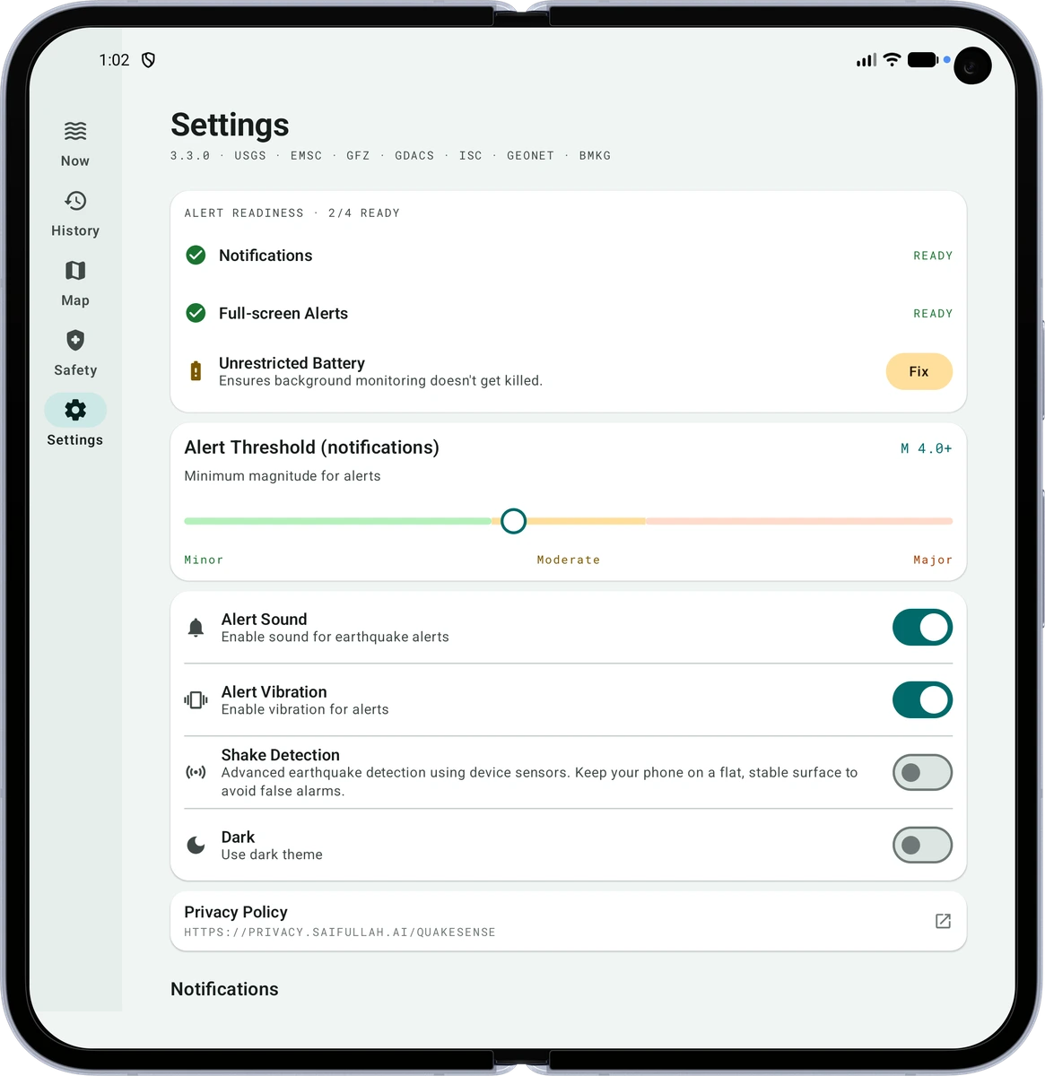 Tablet settings for alerts and visual appearance