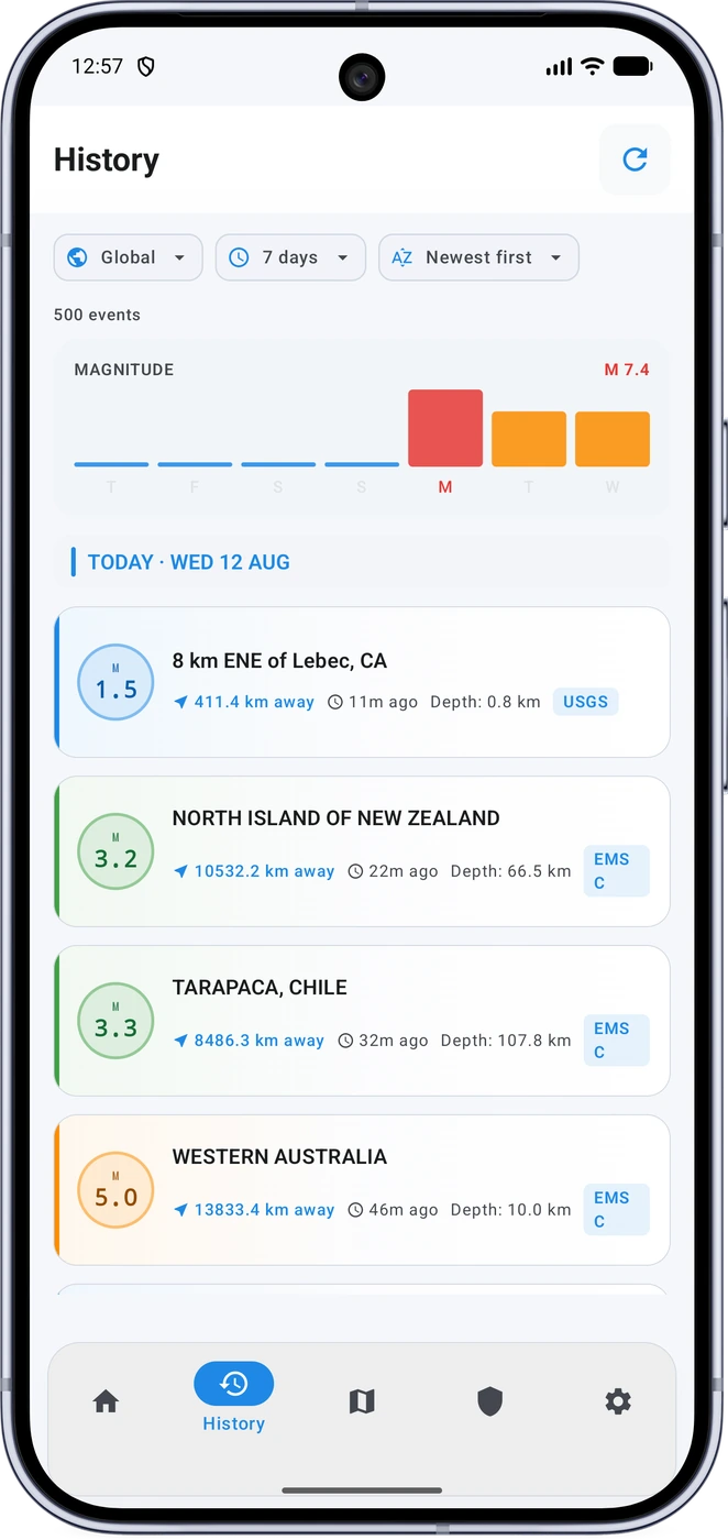 History screen grouping earthquake reports by time