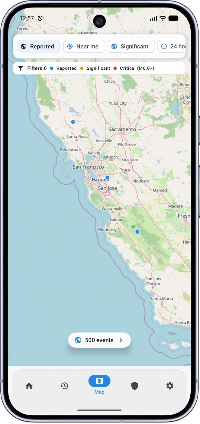 Global earthquake map with magnitude-aware event markers