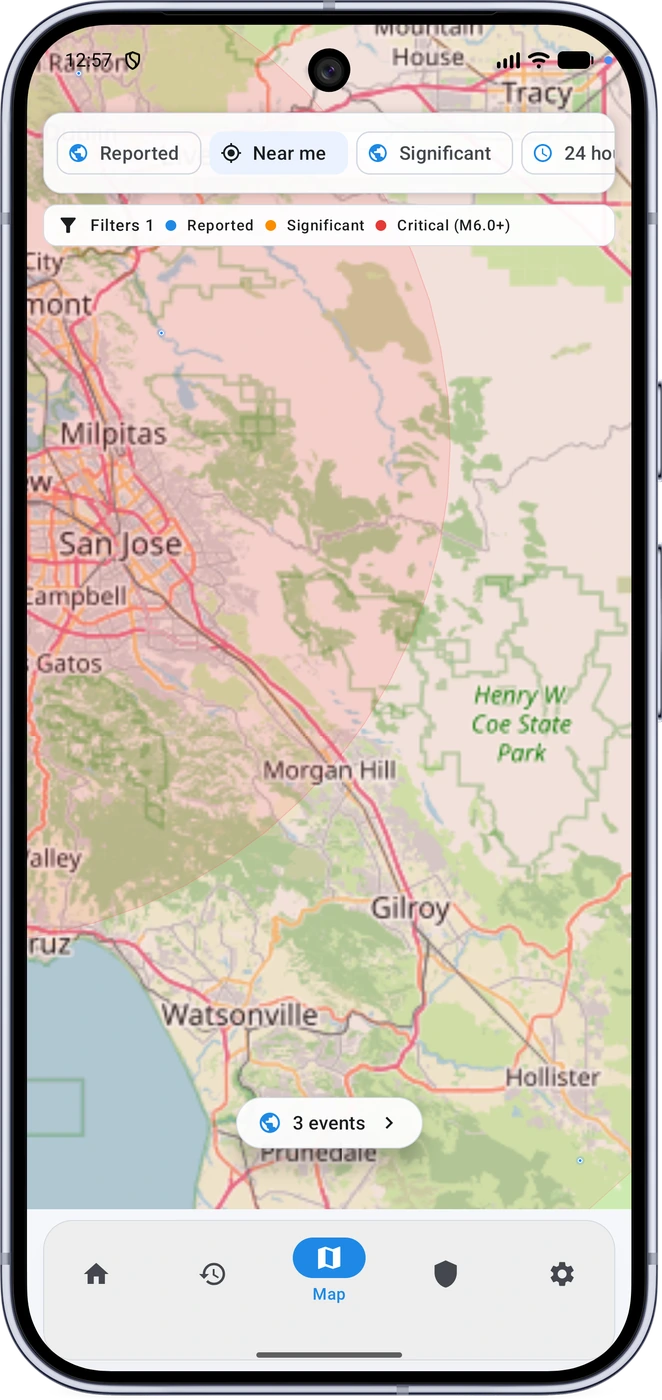 Near Me map showing a selected monitoring radius
