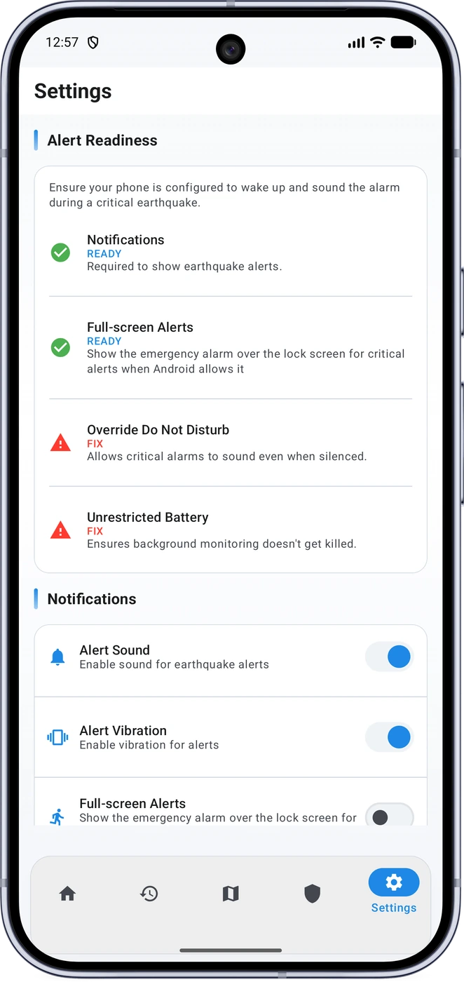 Alert Readiness screen listing local notification and monitoring checks