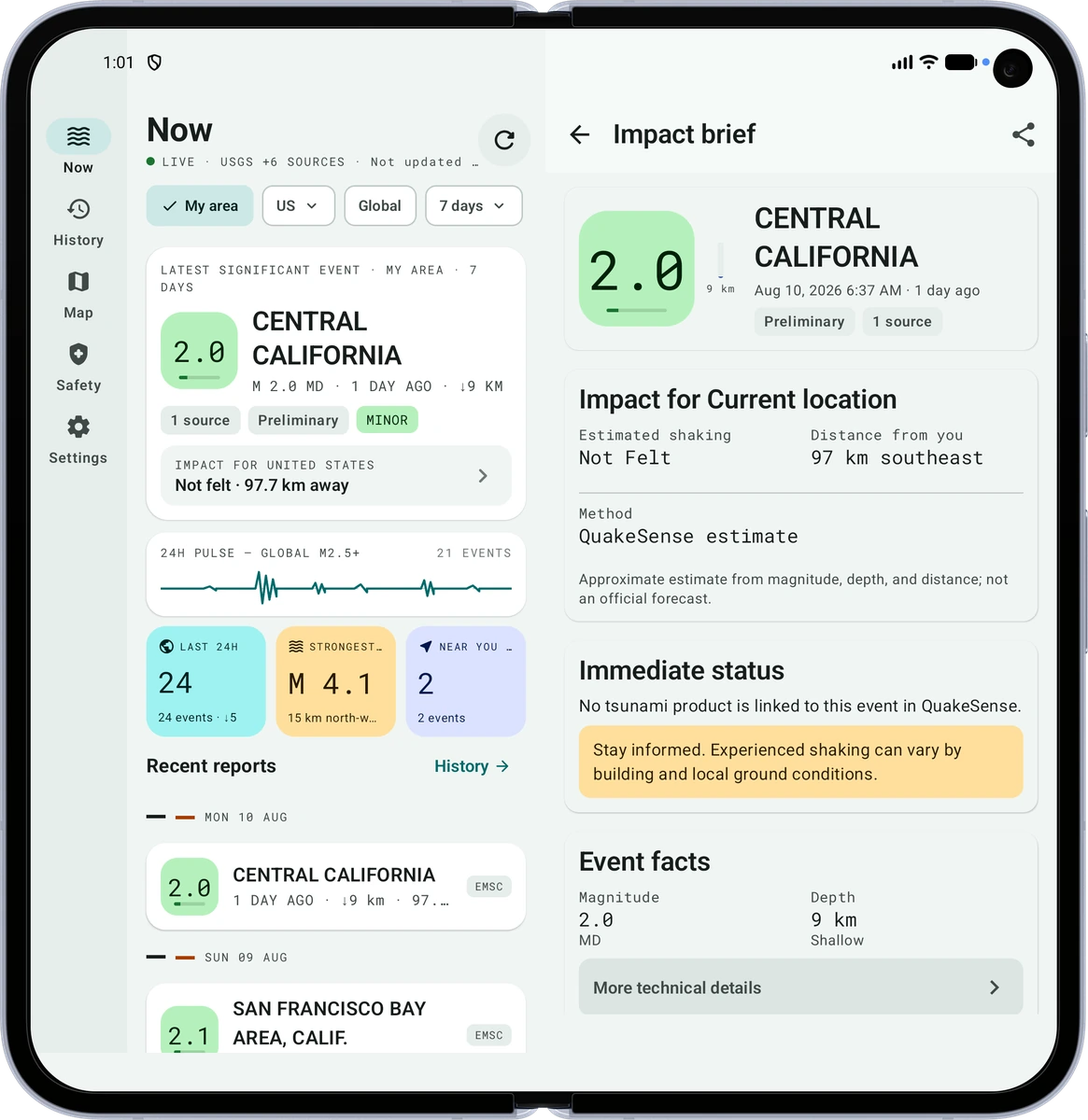 QuakeSense tablet layout with earthquake list and impact brief side by side
