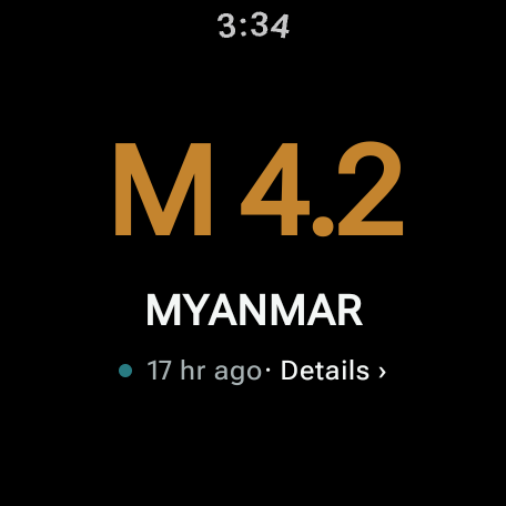 QuakeSense Wear OS event dial showing magnitude, place, event age, and details